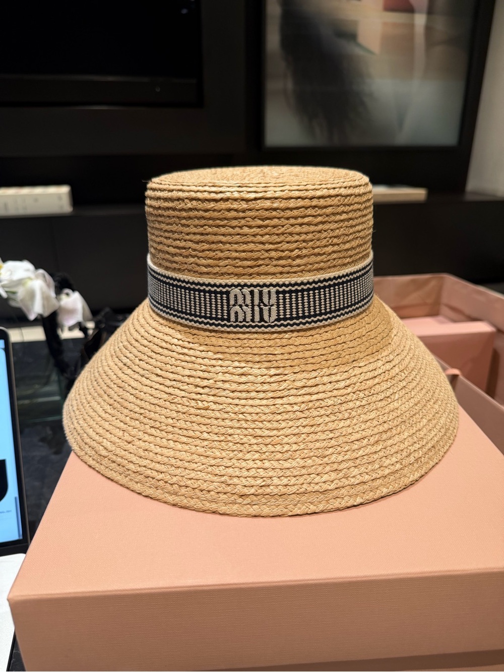 Miu Miu Natural Straw Bucket Hat with Navy Trim size M - Picture 2 of 3